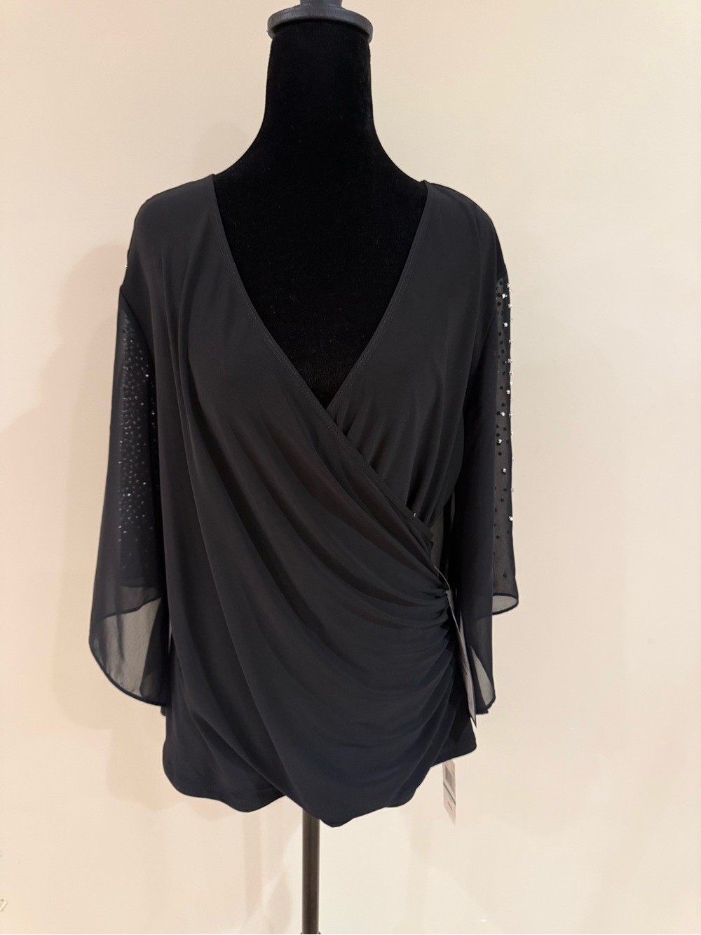 MSK Black Wrap V-Neck Top with Embellished Sheer Sleeves - Picture 2 of 8